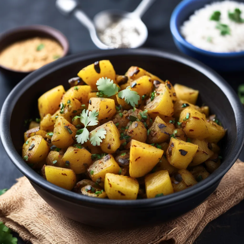 Spiced roasted potato cubes garnished with fresh cilantro in a black bowl, accompanied by small bowls of sauces and rice.