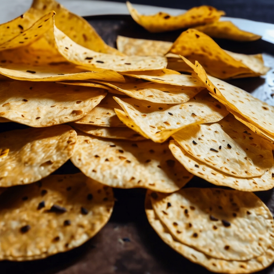 Pile of golden, seed-speckled flatbread crisps arranged on a black plate.
