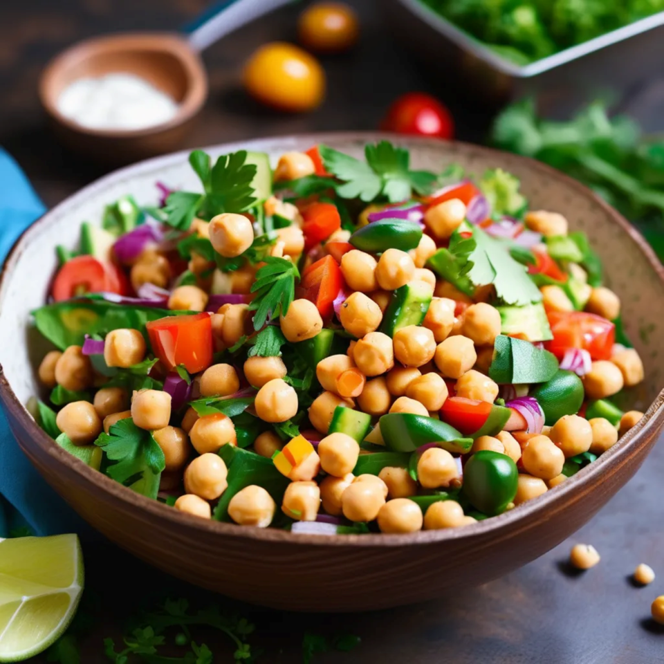 Bowl of chickpea salad with tomatoes, cucumber, peppers, red onion, and fresh herbs, accompanied by lime wedges.