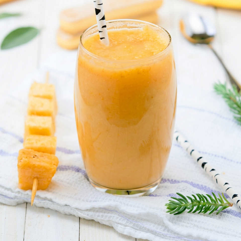 Orange smoothie in a glass with striped straws, served beside skewered fruit on a white cloth-covered table.