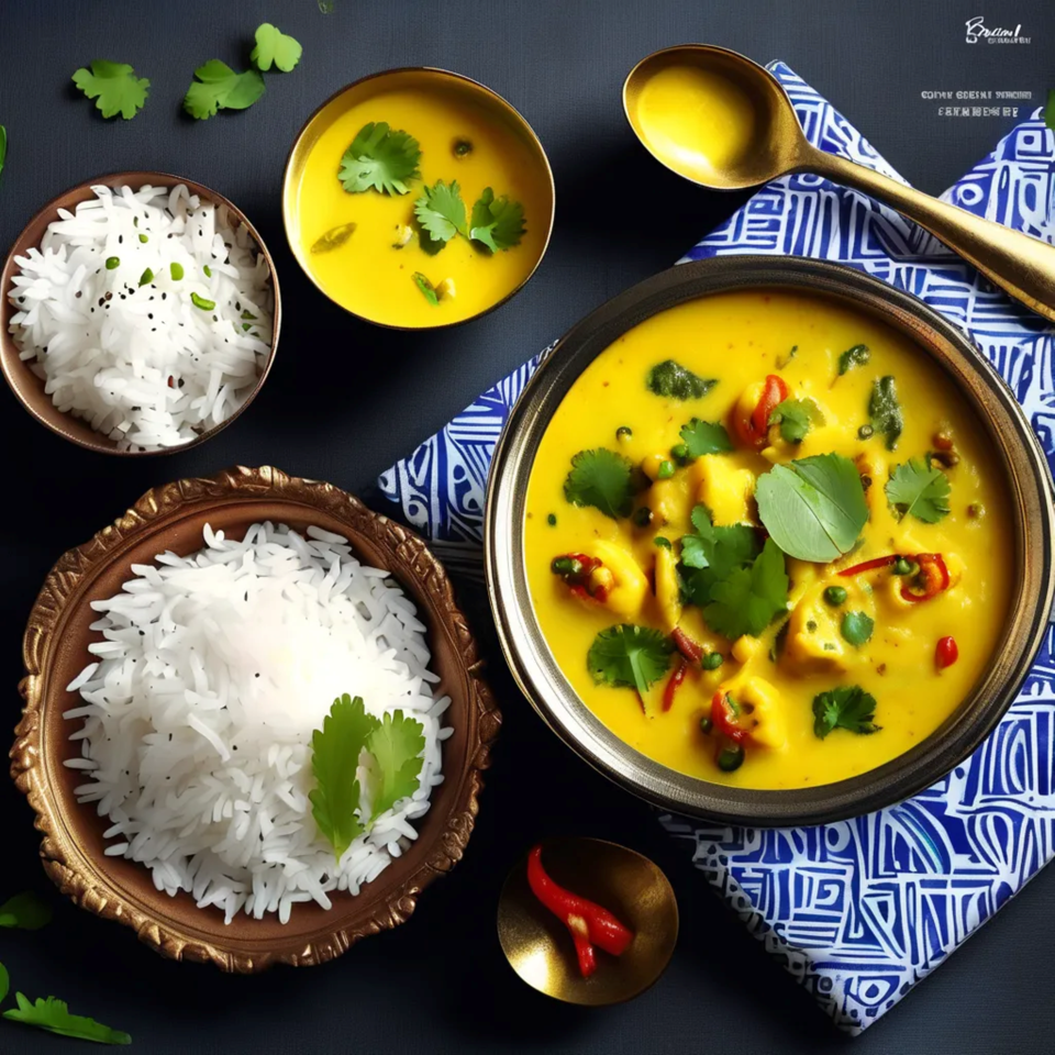 Indian meal with yellow curry, rice, cilantro, chilies, and patterned blue napkins arranged on a dark table.
