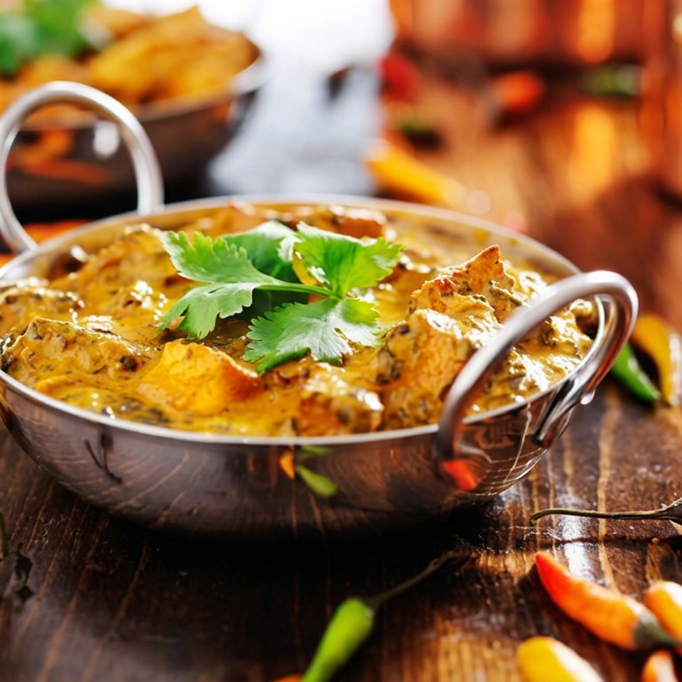 Creamy Indian curry garnished with cilantro in a metal serving bowl, surrounded by colorful chili peppers on a rustic wooden table.