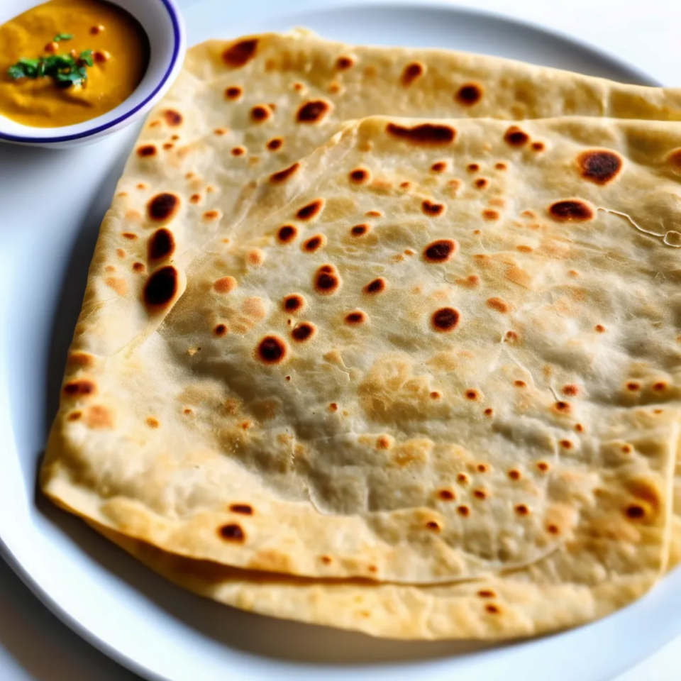 Stacked golden flatbreads with toasted spots served on a plate alongside a bowl of orange dipping sauce.