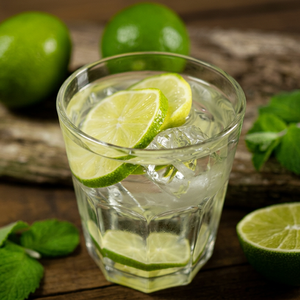 Glass of lime-infused water with ice, surrounded by fresh limes and mint leaves on a rustic wooden table.