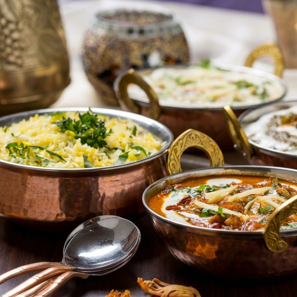 Copper bowls of fragrant rice and creamy Indian curries garnished with herbs, surrounded by decorative lanterns and scattered spices.